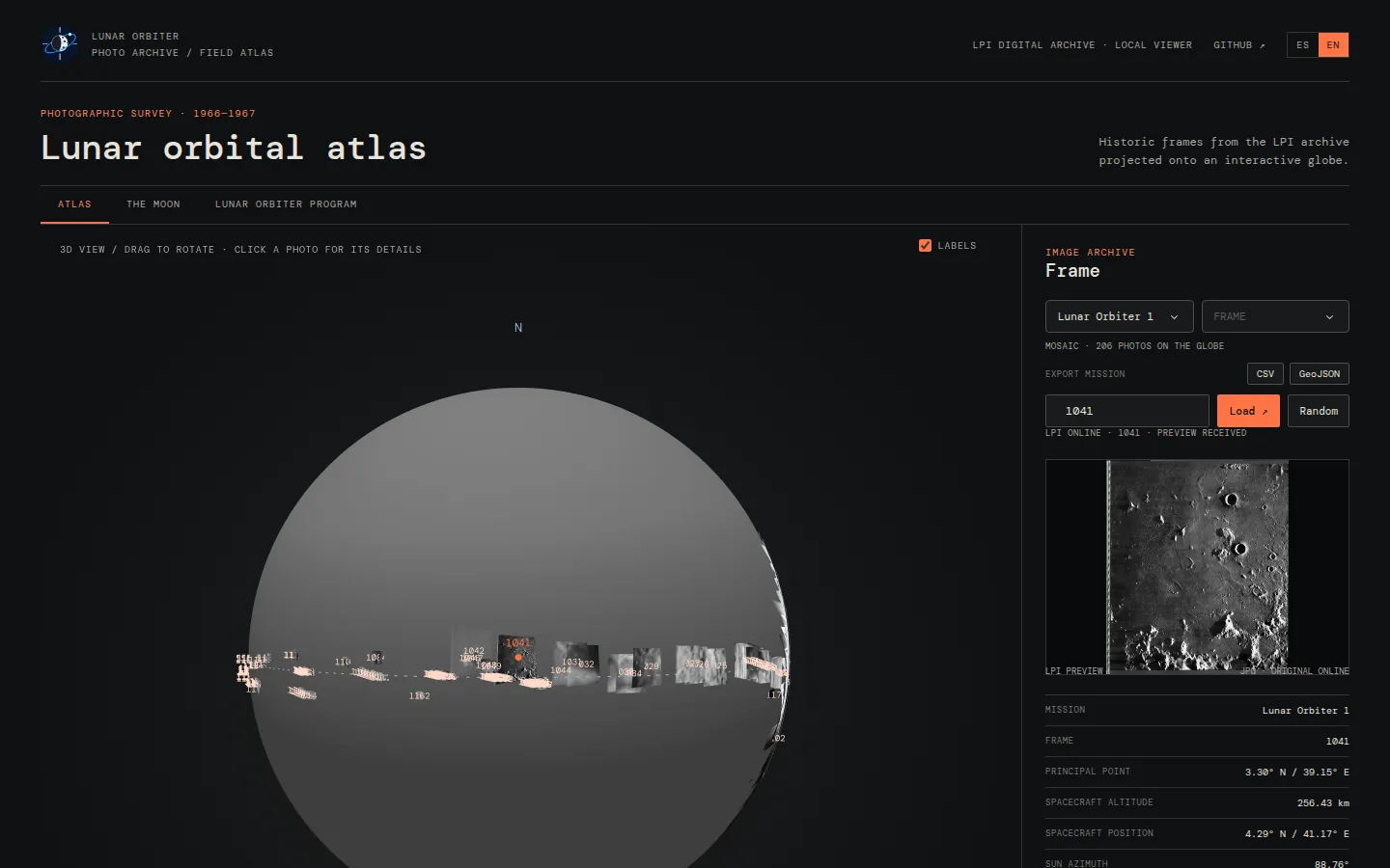 Lunar Orbiter Atlas: a 3D Moon with the mission 1 photos along the equator and the details of frame 1041