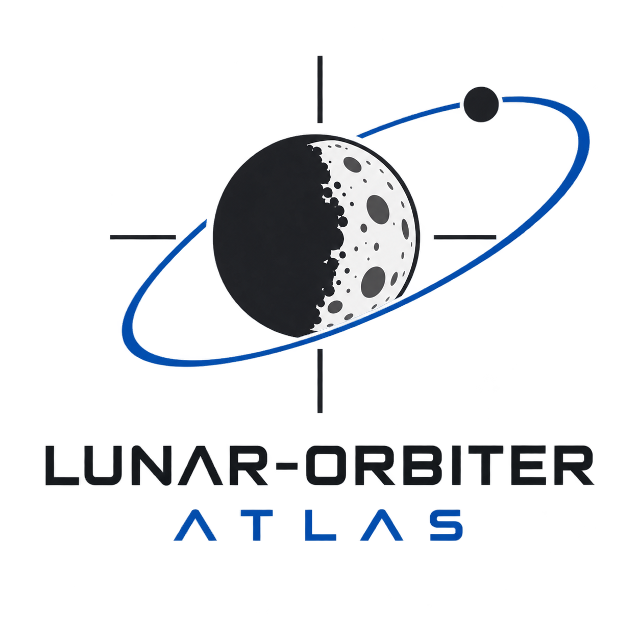 LUNAR-ORBITER-ATLAS logo: a spacecraft orbiting a half-lit Moon